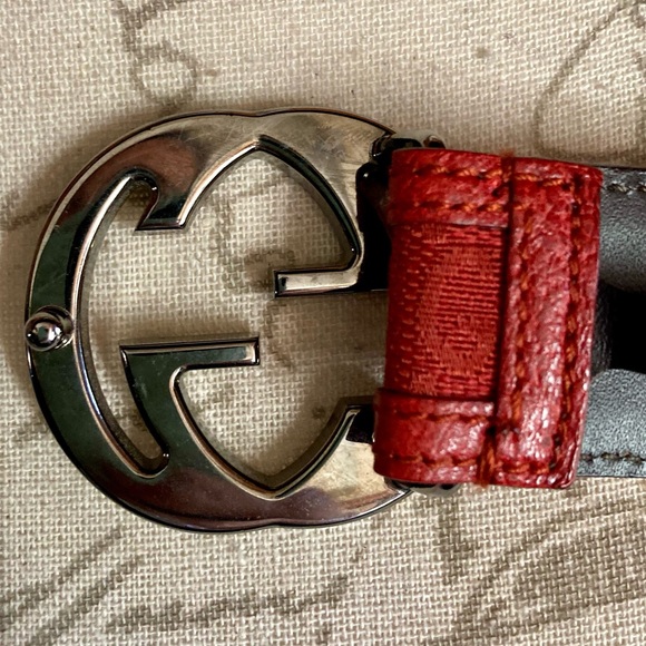 Authentic Gucci 2010s Interlocking GG Buckle Embroidered Leather Belt Red Womens - Picture 11 of 13